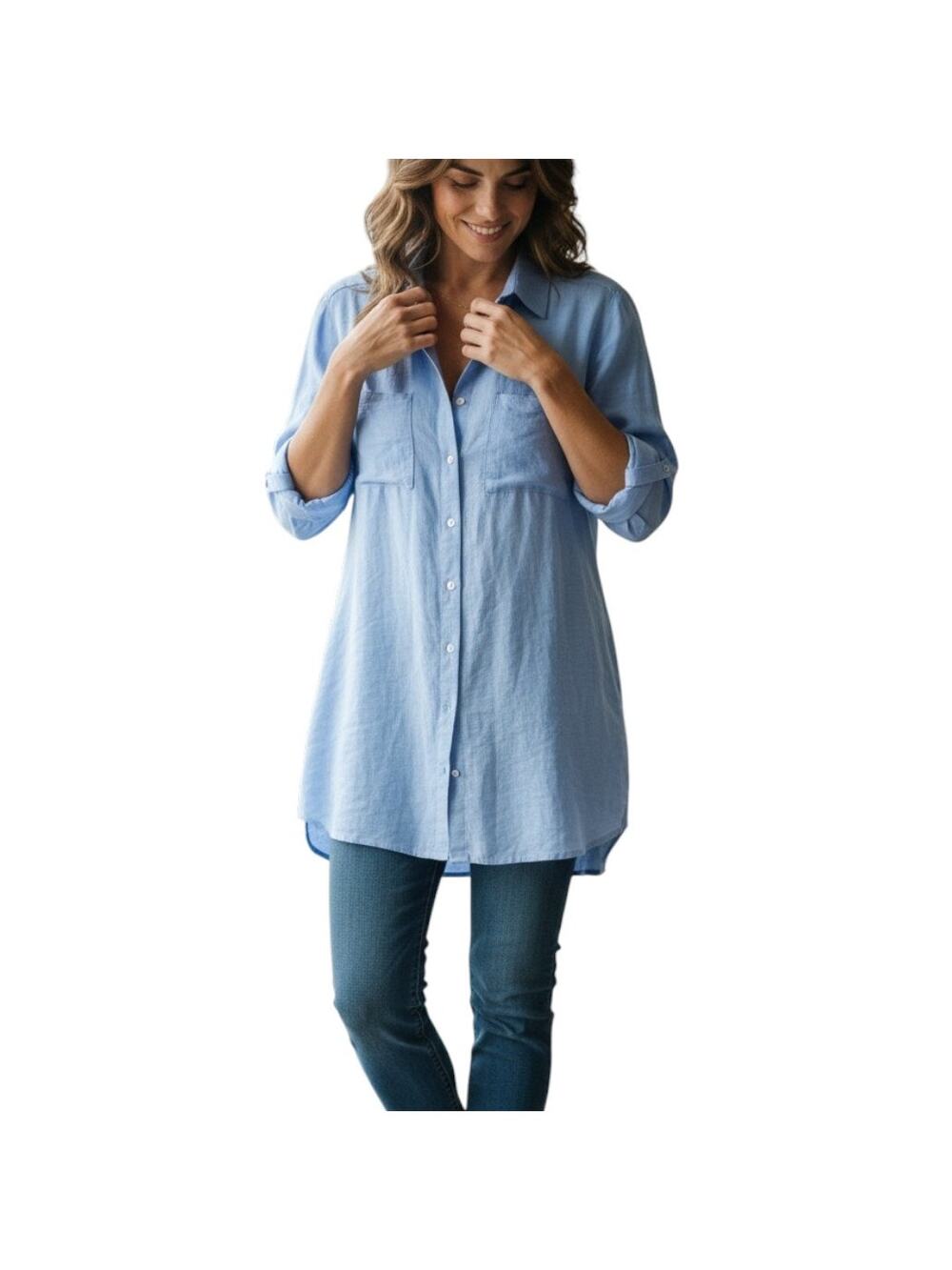❤️2/$12 Attention Women's Blue Loose Fit High Low Button Down Top, Size L